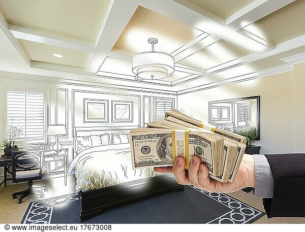 Man handing over stack of money above bedroom drawing photograph combination
