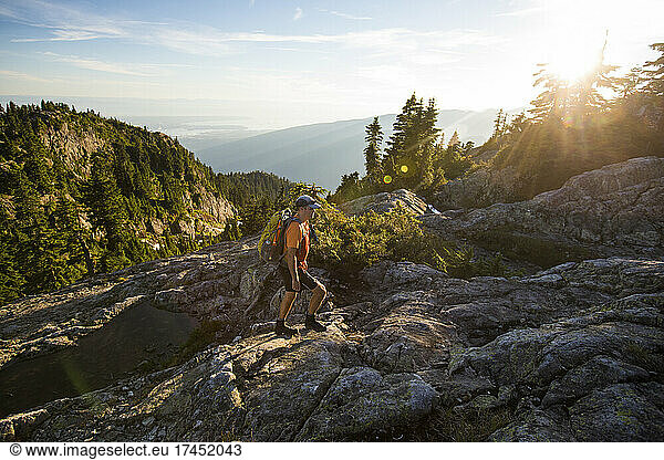 Man hiking on Seymour Mountain  Vancouver  B.C.