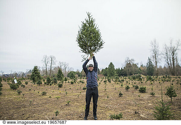 Man hold Christmas Tree above head at tree farm