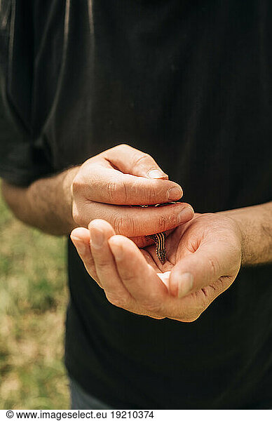 Man holding lizard in hands