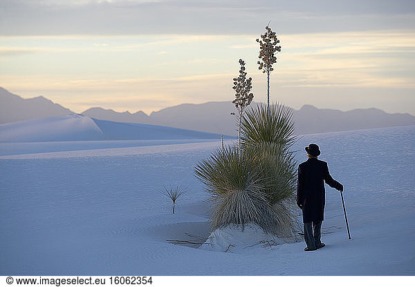 Man in a black coat and suit a bowler hat and umbrella in a white desert wilderness of white sand.