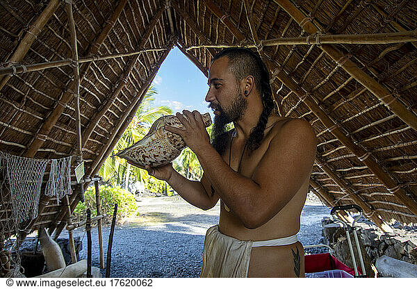 Man in a malo (loincloth) blows into a conch shell. He is the park guide  cultural demonstrator and interpreter at the Pu?uhonua o Honaunau National Historical Park; Honaunau  Island of Hawaii  Hawaii  United States of America
