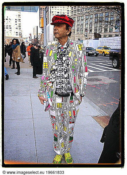 Man in multi pattern suit at Mercedes Benz Fashion Week NYC NYUSA