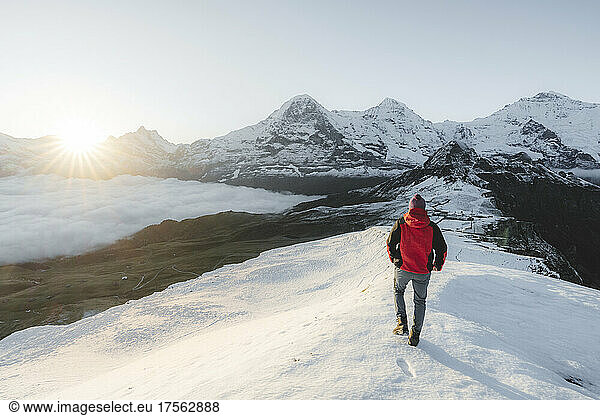 Man in the snow admiring Eiger  Monch and Jungfrau peaks at dawn  Mannlichen  Jungfrau Region  Bern Canton  Swiss Alps  Switzerland  Europe