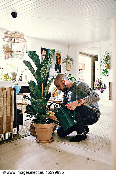 Man kneeling while watering potted plant at home
