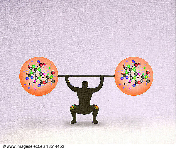 Man lifting barbell filled with molecules