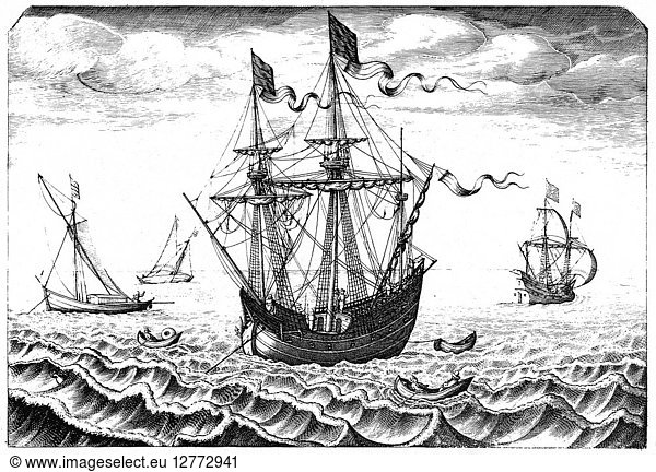 MAN OF WAR  c1565. Man of War with three small boats. Line engraving  c1565  by Frans Huys after Peter Bruegel the Elder.