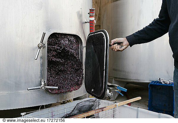 Man opening storage tank filled with crushed grapes