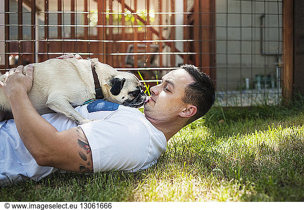 Man playing with pug on grassy field in backyard