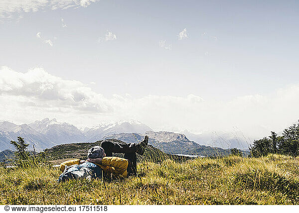 Man relaxing on mountain at Patagonia  Argentina  South America