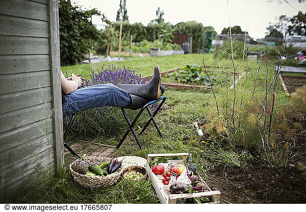 Man relaxing with feet up in garden next to harvested vegetables