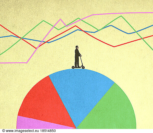 Man riding push scooter on pie chart