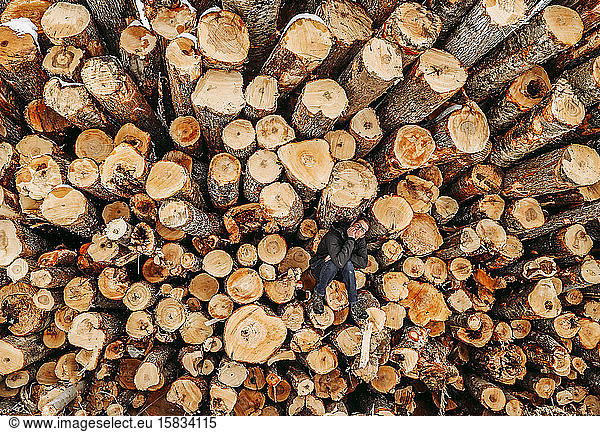 man sits alone on stack pile of cut logs with chin on hand