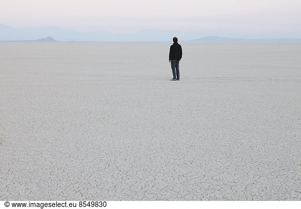 Man standing in vast  desert landscape