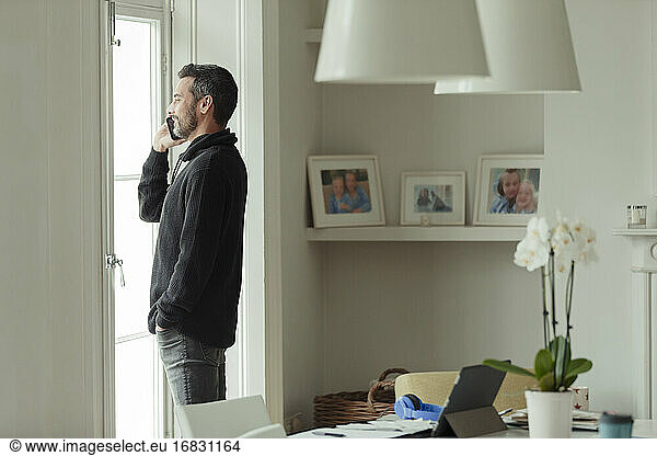 Man talking on smart phone at dining room window