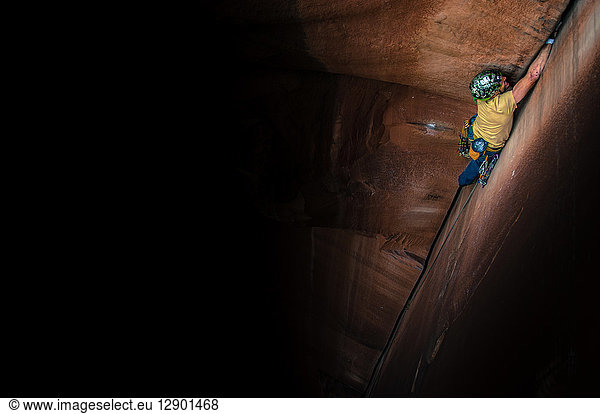 Man trad climbing  Indian Creek  Moab  Utah  USA