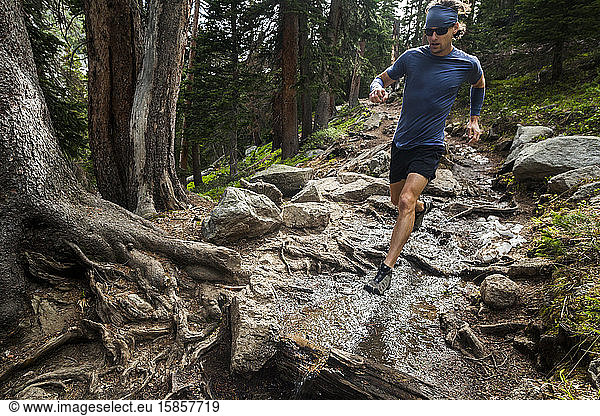Man trail runs through forest in Indian Peaks Wilderness  Colorado
