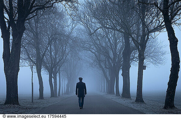 Man walking on road amidst spooky trees