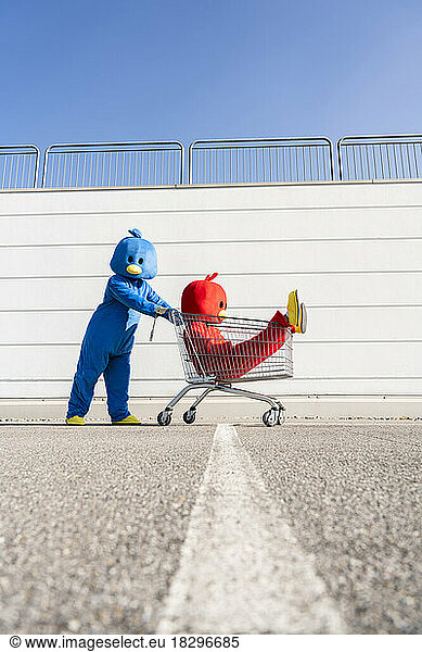 Man wearing costume pushing woman sitting in shopping cart on sunny day