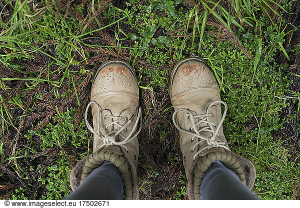 Man wearing hiking boots standing on land