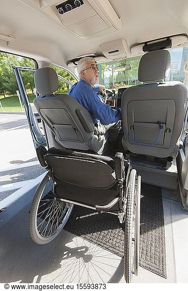 Man with muscular dystrophy and diabetes from inside an accessible van