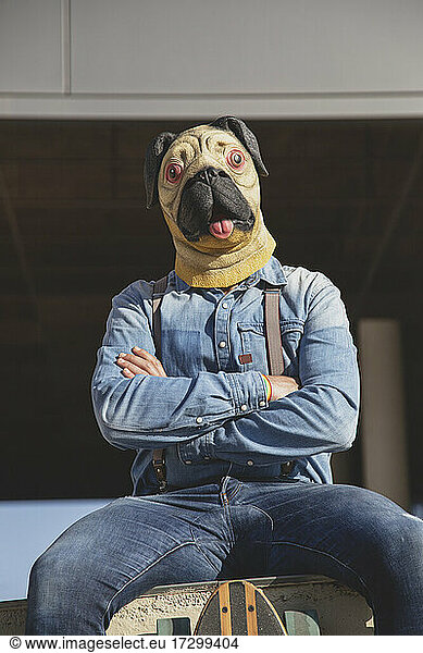 Man with pug mask sitting on a wall with a longboard.