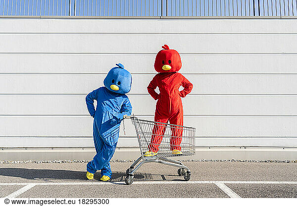 Man with woman wearing duck costumes standing in shopping cart
