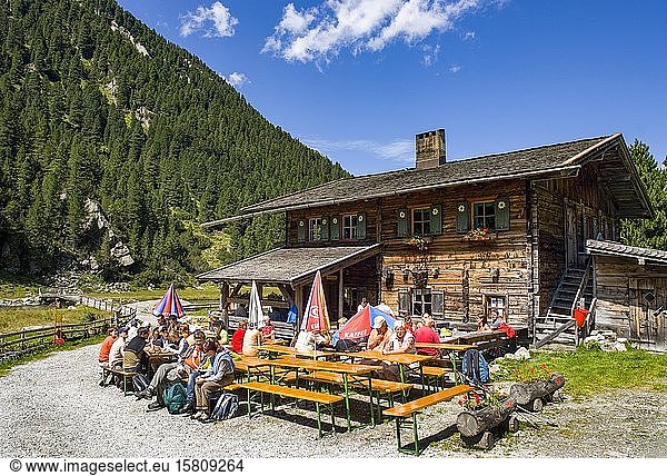Managed alpine hut with hiker  Krimmler Achental  Krimmler Tauernhaus  Krimmler Ache  Krimml  Pinzgau  Land Salzburg  Austria  Europe