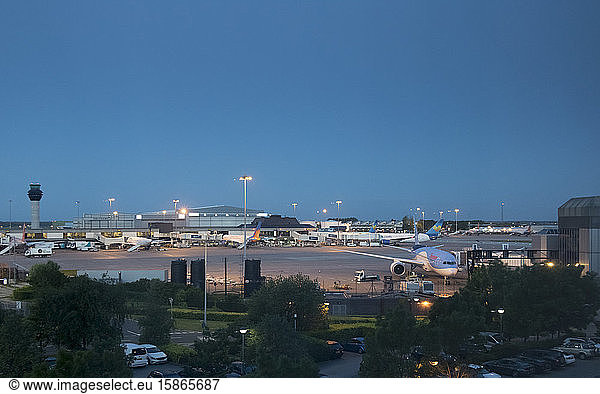 Manchester Airport at dusk  Manchester  England  United Kingdom  Europe