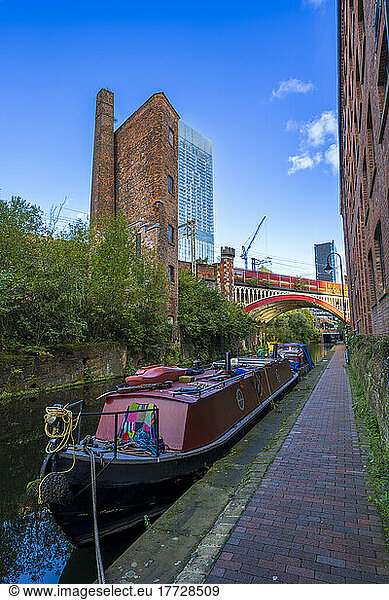 Manchester Canal with barges at Castlefield  Manchester  Lancashire  England  United Kingdom  Europe