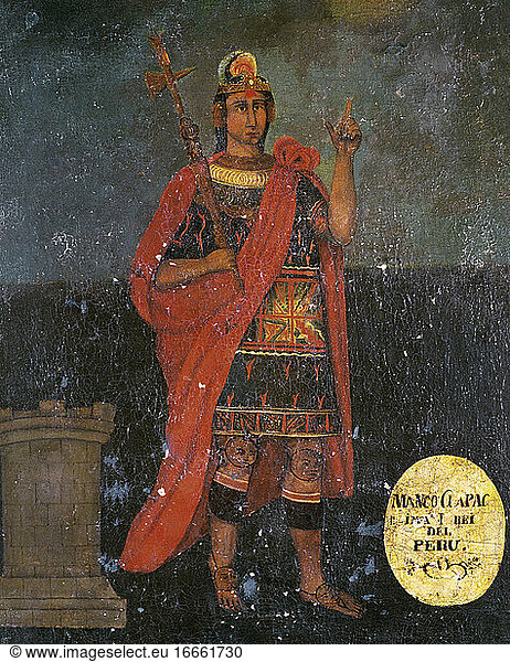 Manco Capac (13. Jahrhundert). Erster Gouverneur und Begründer der Inka-Zivilisation. Anonymes Gemälde.
