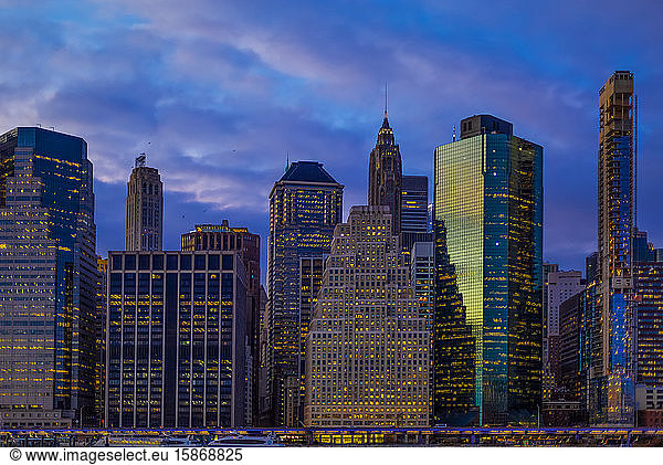 Manhattan  downtown New York City at dusk; New York City  New York  United States of America