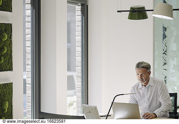 Mann arbeitet am Laptop und sitzt am Schreibtisch im Büro