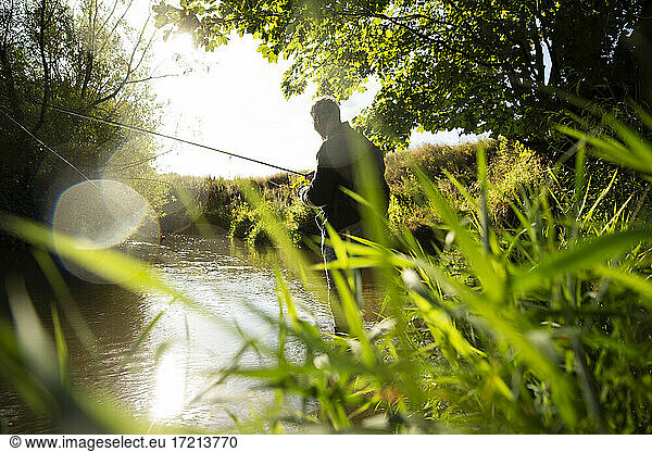 Mann Fliegenfischen am sonnigen idyllischen Sommerfluss