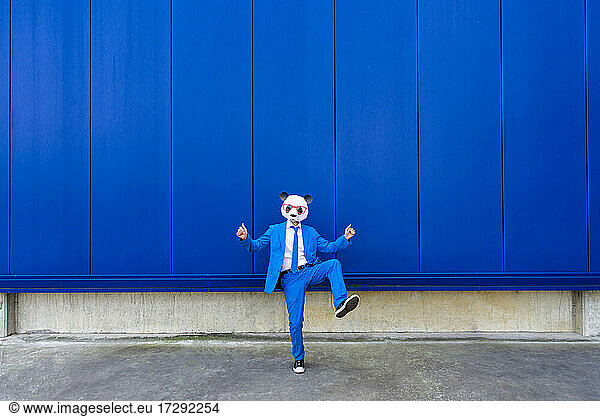 Mann in leuchtend blauem Anzug und Pandamaske steht auf einem Bein vor einer blauen Wand