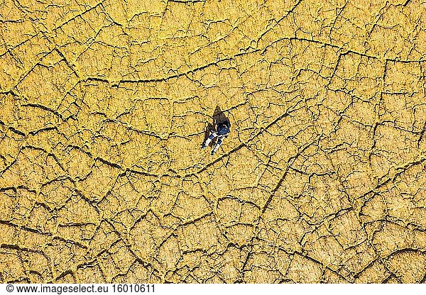 Mann sitzend in einem von der Dürre gezeichneten Land. Gebiet des Yesa-Stausees. Zaragoza  Aragon  Spanien  Europa.