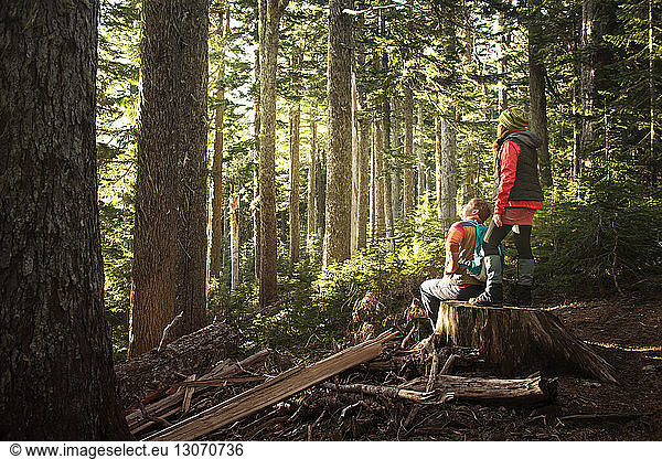 Mann sitzt  während Frau auf Baumstamm im Wald steht