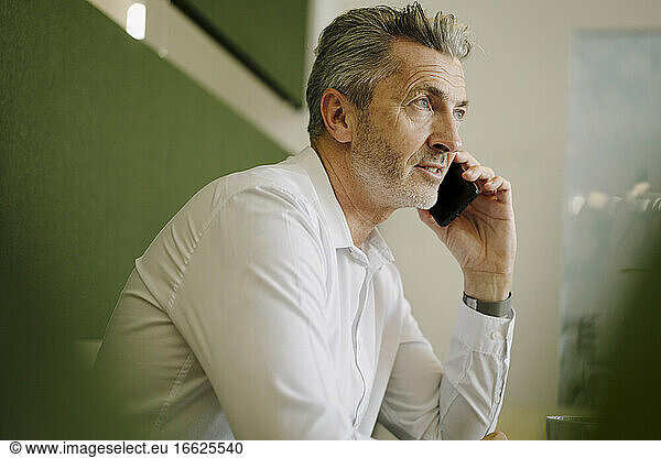 Mann spricht am Telefon  während er im Büro sitzt