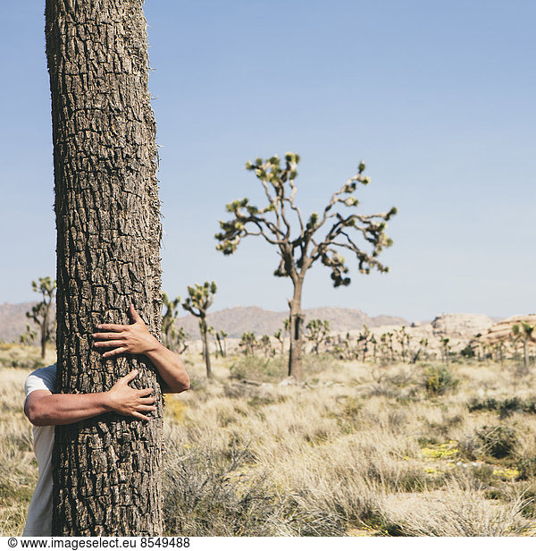 Mann umarmt einen Joshua-Baum im Joshua-Tree-Nationalpark.