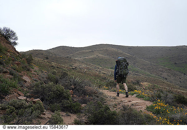 Mann wandert einen zerklüfteten Pfad in den Superstition Mountains von Arizona