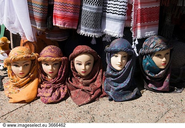 mannequin heads with scarves for sale in Petra  the UNESCO World Heritage Site in Jordan