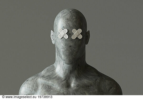 Mannequin with band aid eyes against gray background