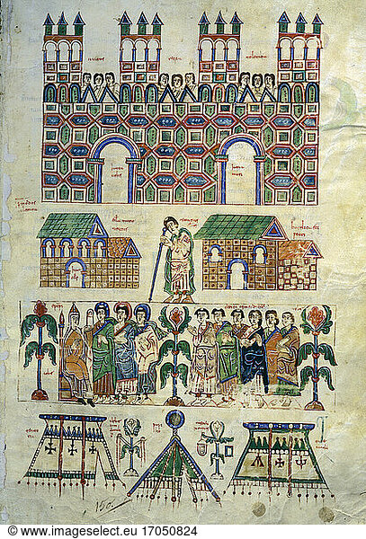 Manuscript illumination Spanish  9th century.The Council of Toledo.From the Codex of the Council of Abelda fol. 142.El Escorial  Real Monasterio.