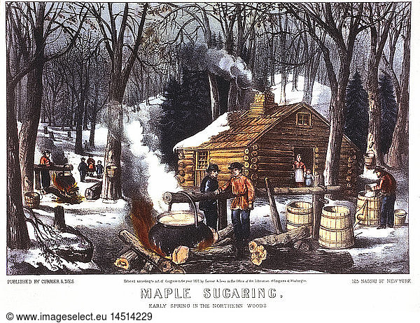 Maple Sugaring  Early Spring in the Northern Woods  Lithograph  Currier & Ives  1872