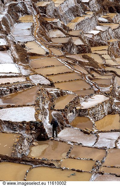 Maras's saltworks in the Sacred Valley near Cuzco. Maras is a town in the Sacred Valley of the Incas,  40 kilometers north of Cuzco,  in the Cuzco Region of Peru. The town is well known for its nearby salt evaporation ponds,  in use since Inca times. The salt-evaporation ponds are up-slope,  less than a kilometer west of the town. The Maras area is accessible only by a poorly maintained dirt road,  which leads from the main road leading through the Sacred Valley between Cuzco and the surrounding towns. Tourist sites in the area include the colonial church,  the local salt evaporation ponds,  and the surrounding scenery. Since pre-Inca times,  salt has been obtained in Maras by evaporating salty water from a local subterranean stream. The highly salty water emerges at a spring,  a natural outlet of the underground stream. The flow is directed into an intricate system of tiny channels constructed so that the water runs gradually down onto the several hundred ancient terraced ponds. Almost all the ponds are less than four meters square in area,  and none exceeds thirty centimeters in depth. All are necessarily shaped into polygons with the flow of water carefully controlled and monitored by the workers. The altitude of the ponds slowly decreases,  so that the water may flow through the myriad branches of the water-supply channels and be introduced slowly through a notch in one sidewall of each pond. The proper maintenance of the adjacent feeder channel,  the side walls and the water-entry notch,  the pond's bottom surface,  the quantity of water,  and the removal of accumulated salt deposits requires close cooperation among the community of users. It is agreed among local residents and pond workers that the cooperative system was established during the time of the Incas,  if not earlier. As water evaporates from the sun-warmed ponds,  the water becomes supersaturated and salt precipitates as various size crystals onto the inner surfaces of a pond's earthen walls and on the pond's earthen floor. The pond's keeper then closes the water-feeder notch and allows the pond to go dry. Within a few days the keeper carefully scrapes the dry salt from the sides and bottom,  puts it into a suitable vessel,  reopens the water-supply notch,  and carries away the salt. Color of the salt varies from white to a light reddish or brownish tan,  depending on the skill of an individual worker. Some salt is sold at a gift store nearby.