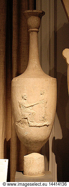 Marble Attic funerary Lakythos with scene of dexiosis c 340 BC. Traces of the painted decoration are preserved in places; palmettes on the shoulder and Ionic cymation (egg and dart) on the upper body.