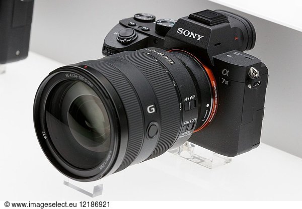 March 3  2018  Yokohama  Japan - The new camera Sony a7 III on display at the CP+ Camera & Photo Imaging Show 2018 in Pacifico Yokohama. Japan's largest camera and photo imaging exhibition bring together 1 123 exhibitor booths during the four-day trade show at the Pacifico Yokohama and OSANBASHI Hall. Organizers expect approximately 70 000 visitors until March 4th.