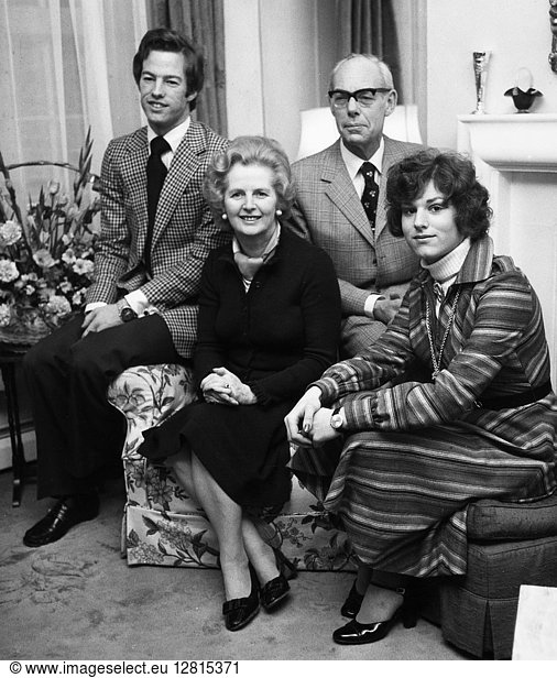 MARGARET THATCHER (1925-2013). English politician. Thatcher with her husband  Dennis  and their two children  Mark and Carol. Photographed in 1976.