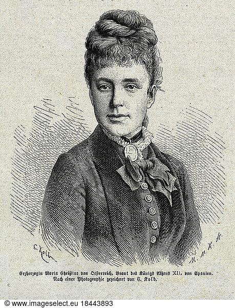 Maria Christina  Queen (Alfons XII)and 1886–1902 Regent of Spain for her son Alfonso XIII; Daughter of Archduke Karl Ferdinand; Grand Seelowitz (Moravia) 21.7.1858 – Madrid 6.2.1929.Portrait.Wood engraving  1880  after photography.From: The Book for All  15th ed.  No. 6 Stuttgart (H. Schönlein) 1880  p. 121.Berlin  Sammlung Archiv für Kunst und Geschichte.