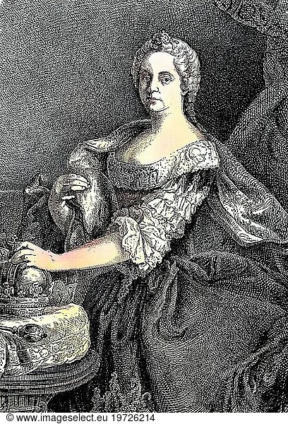 Maria Theresia Walburga Amalia Christina  Maria Theresia  1717  1780  war die einzige weibliche Herrscherin der habsburgischen Herrschaftsgebiete und die letzte des Hauses Habsburg. Sie war Herrscherin über Österreich  Ungarn  Kroatien  Böhmen  Siebenbürgen  Mantua  Mailand  Lodomerien und Galizien  die österreichischen Niederlande und Parma  Reproduktion eines Holzschnitts aus dem Jahr 1880  digital verbessert  Maria Theresa Walburga Amalia Christina  was the only female r  Europa